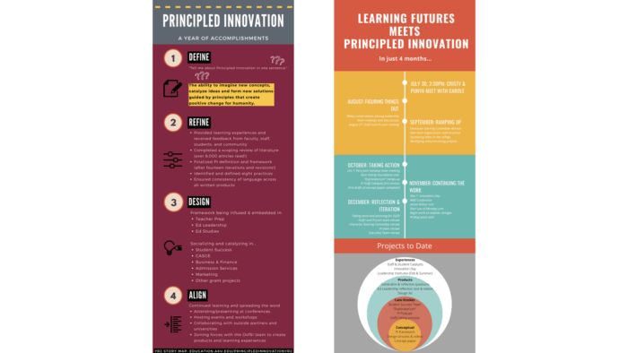 Infographics capturing work done by the Principled Innovation and Learning Futures teams